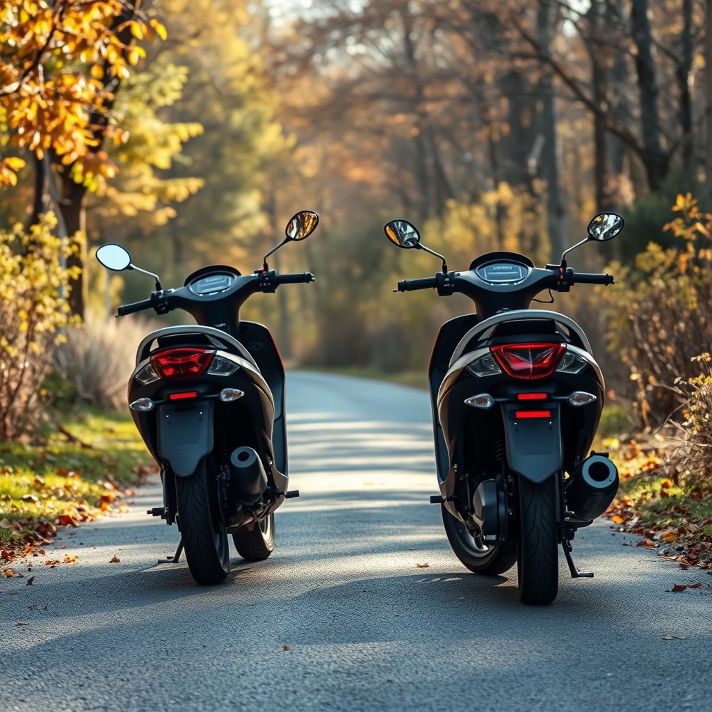 Seitenansicht des Scooters auf einem Kiesweg mit Bäumen im Hintergrund