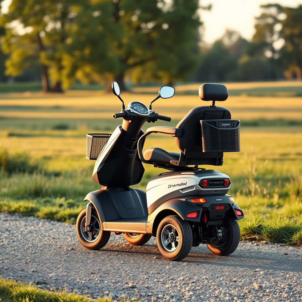 A clean photorealistic photo of a Drive Medical Daytona 4 mobility scooter driving on a gr
