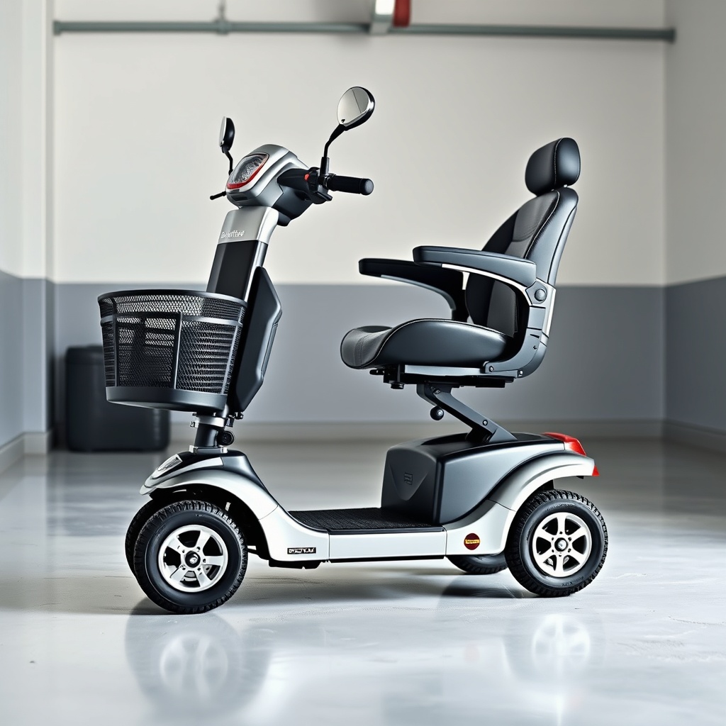 A clean photorealistic photo of a Drive Medical Daytona 4 mobility scooter parked in a gar