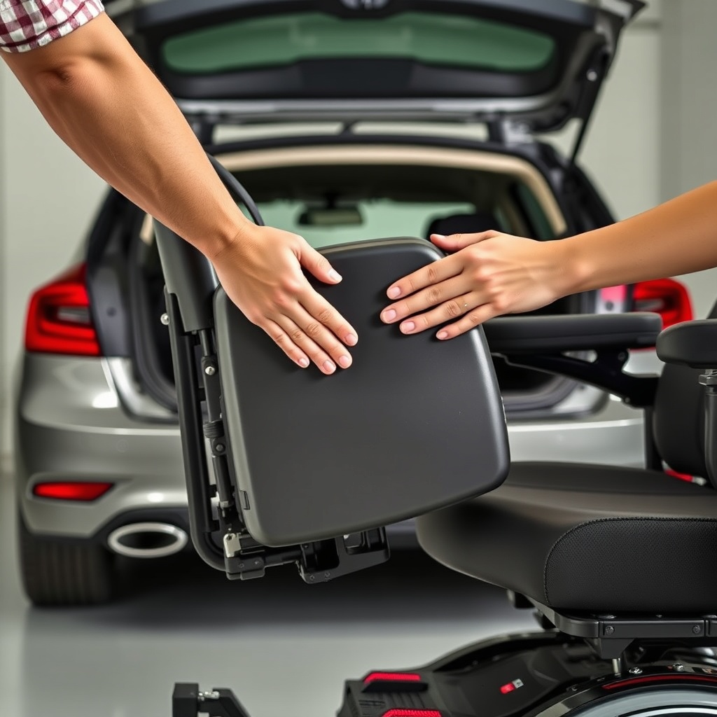 A photorealistic photo of a person gently lifting the seat module of a Pride Go-Go Elite T