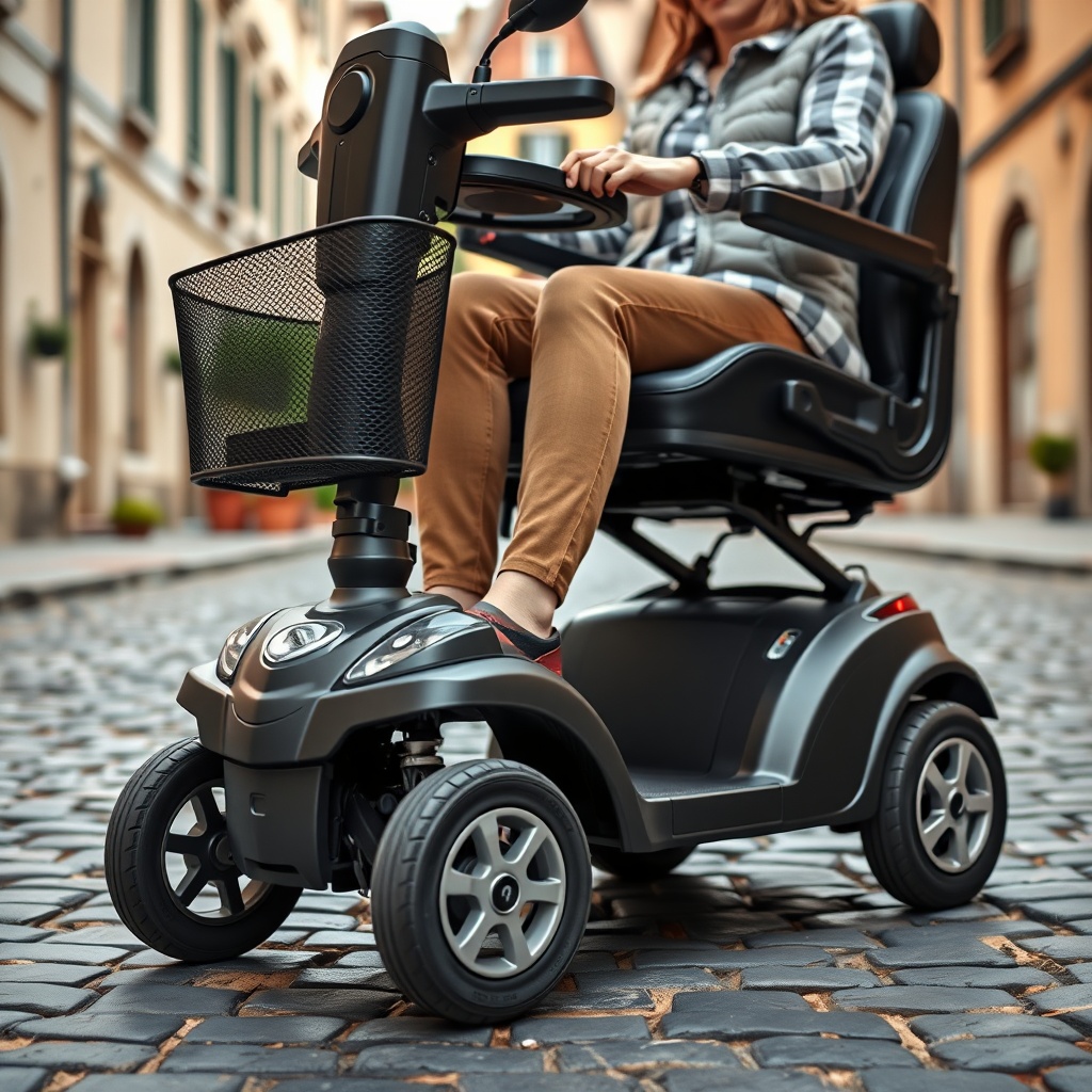A photorealistic photo of the Pride Go-Go Elite Traveller Plus standing on a cobblestone s