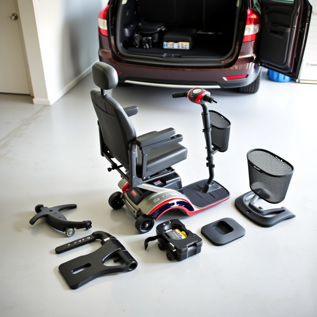 A photorealistic photo showing a Pride Go-Go Elite Traveller Plus disassembled into its fo
