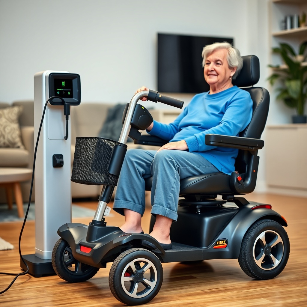 A clean photorealistic photo of a person in their 60s sitting in a Pride Go-Go Elite Trave