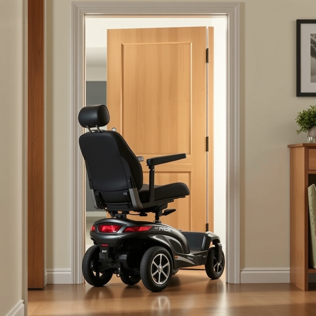 A clean photorealistic photo of a Pride Mobility Go-Go Elite Traveller Plus navigating thr