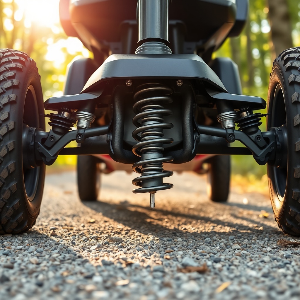 A photorealistic close-up of the front suspension of a four-wheeled mobility scooter on a