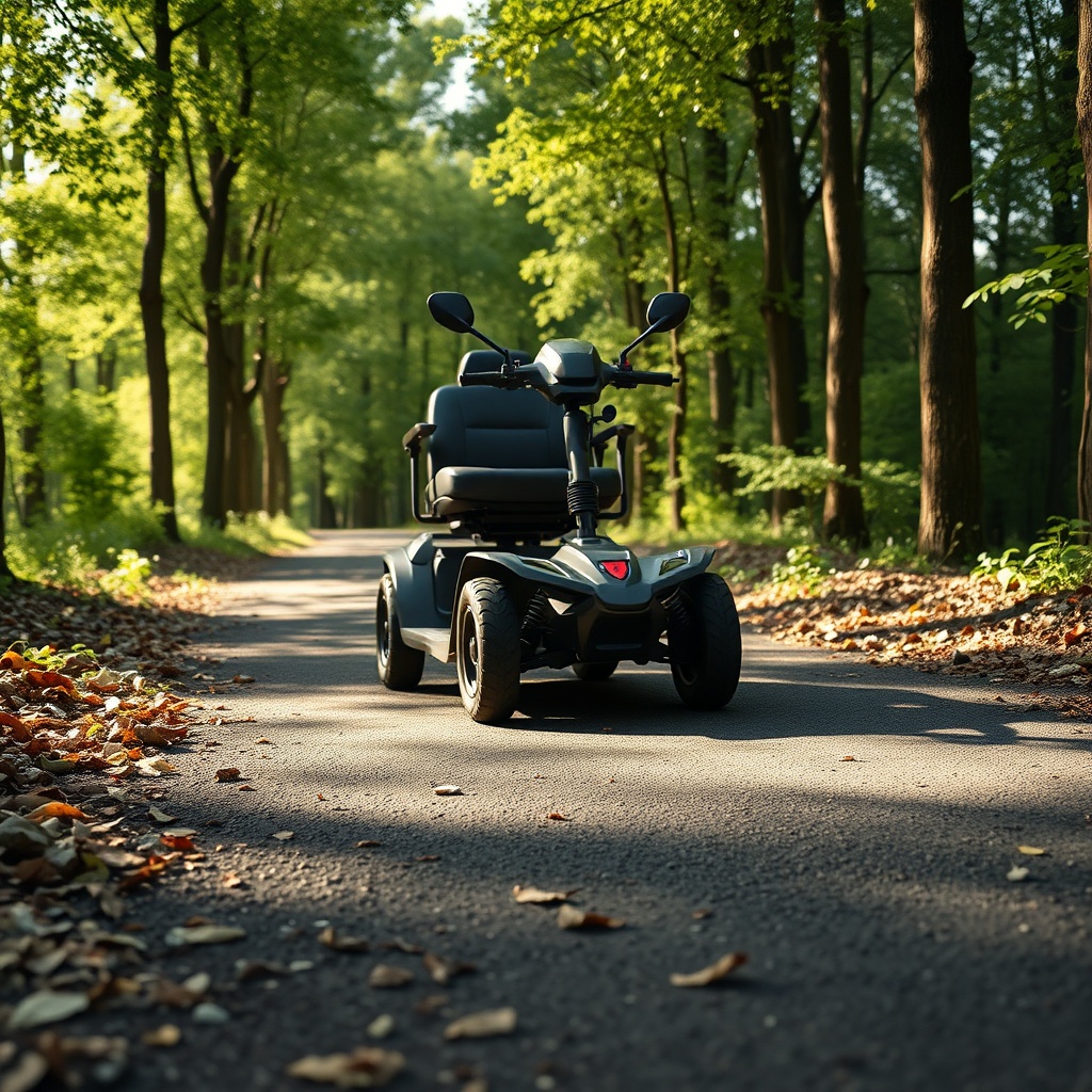 A photorealistic wide-angle shot of a four-wheeled mobility scooter driving on a forest pa