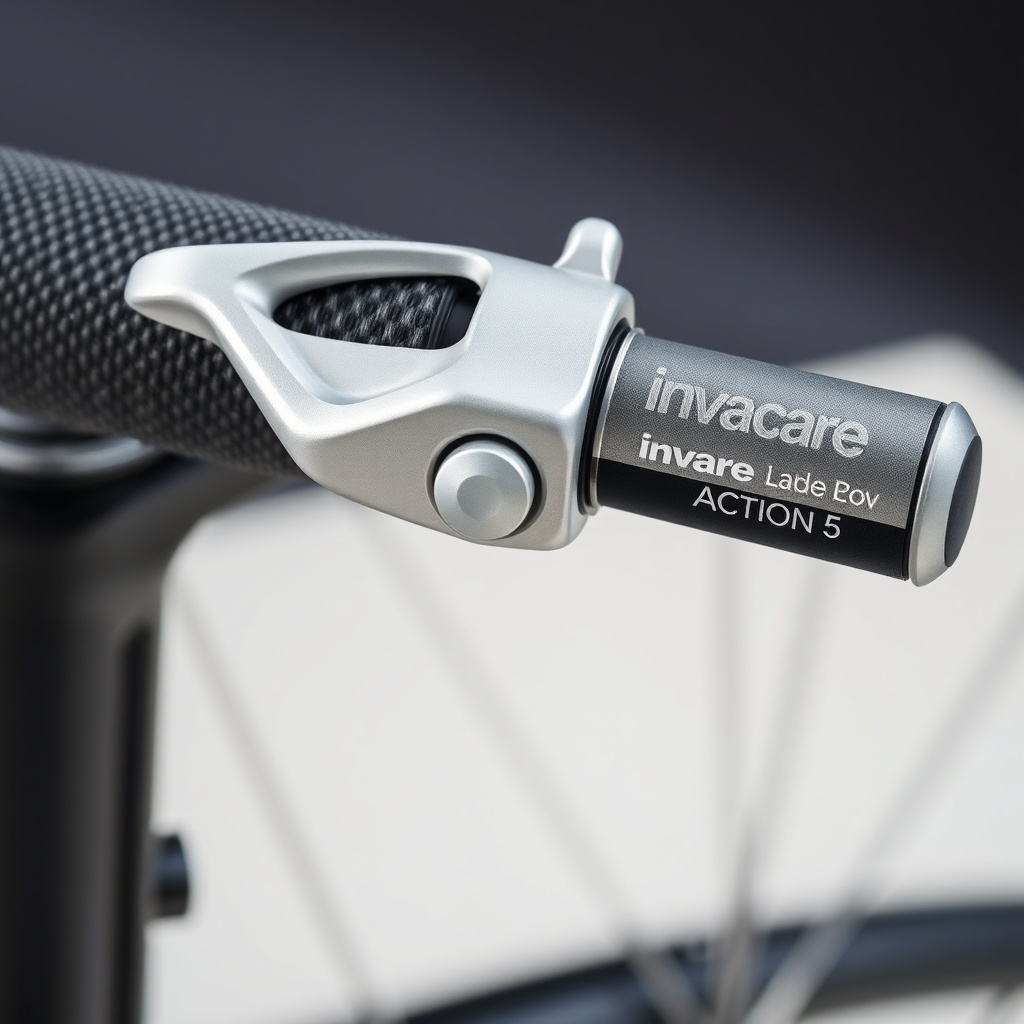 Close-up photorealistic photo of an Invacare Action 5 braking system with aluminum lever a