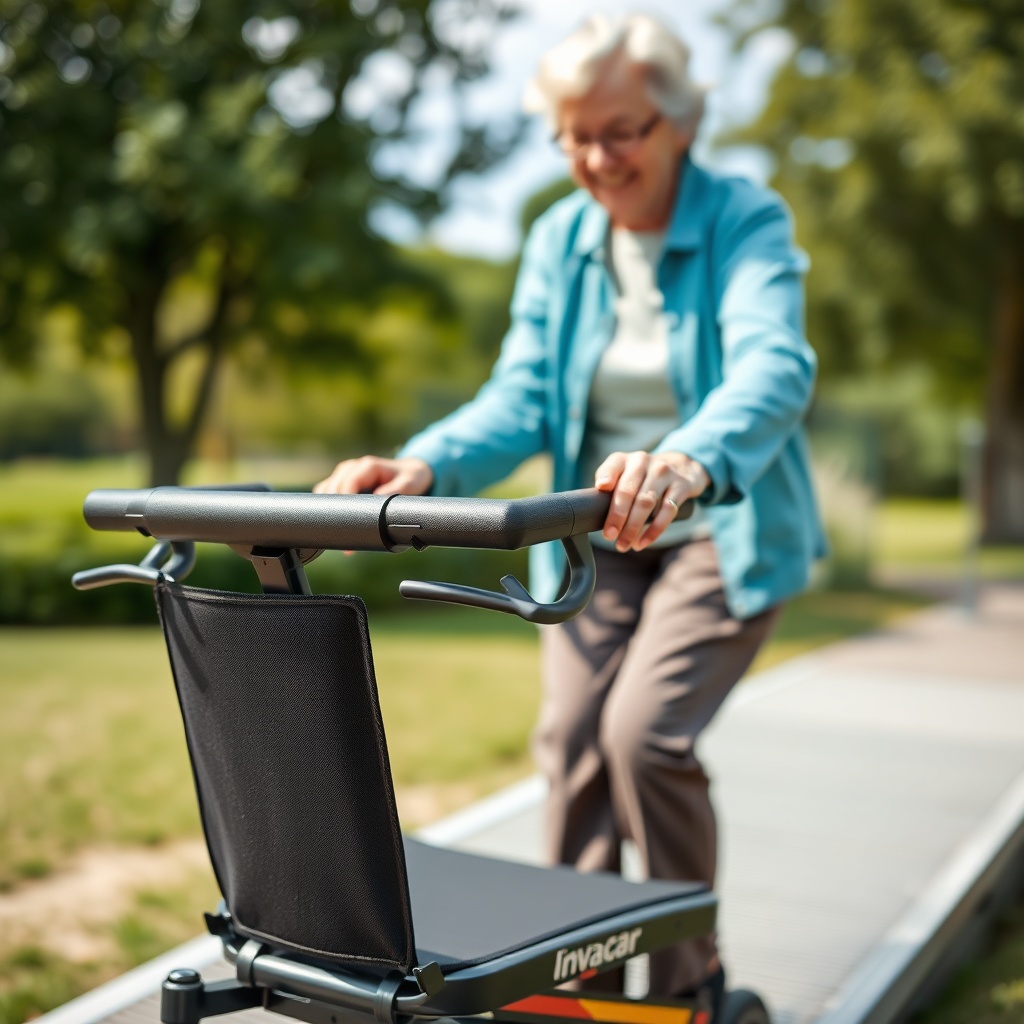 Photorealistic photo of an elderly person comfortably gripping the ergonomic brake handles