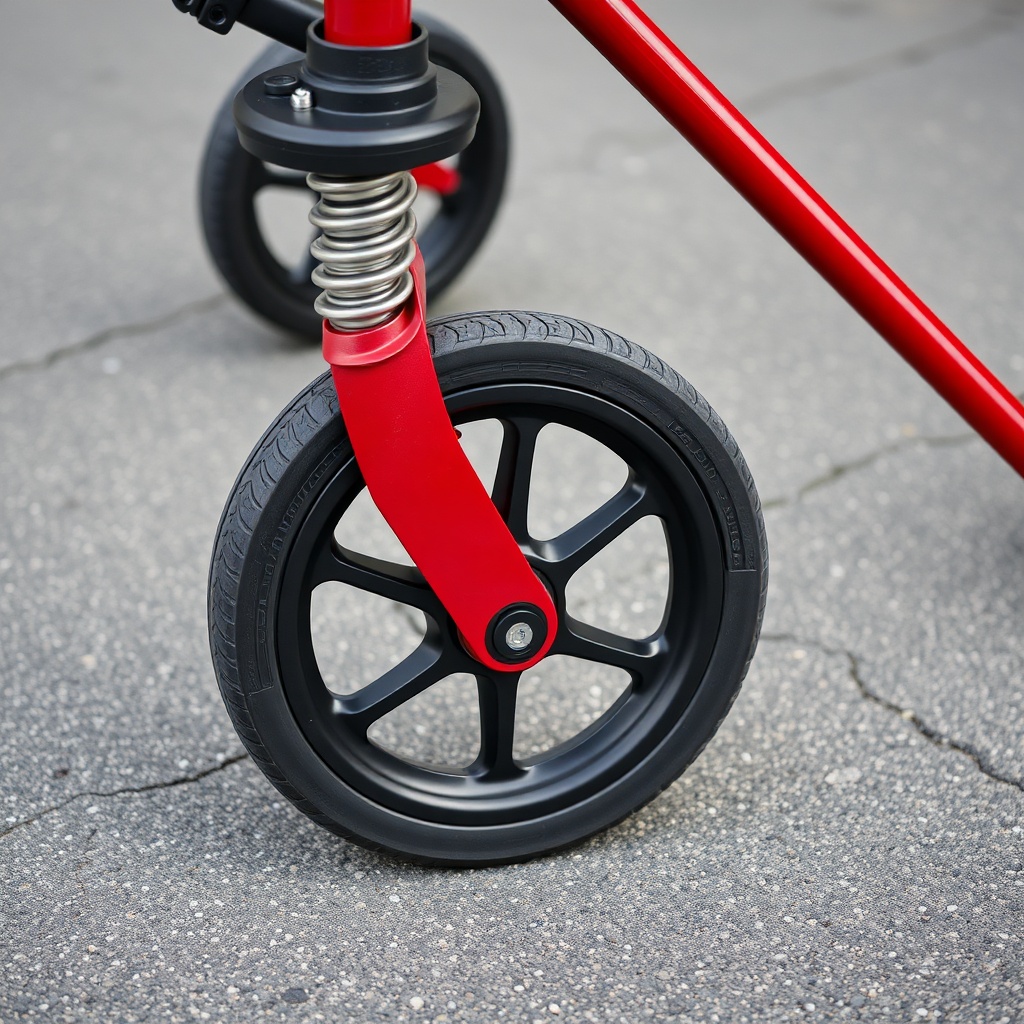 Close-up photograph of the front wheel and suspension fork of an Invacare Action 5 rollato