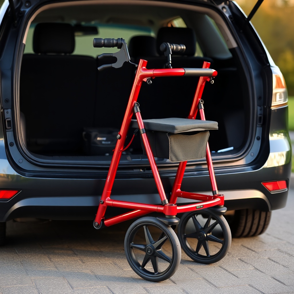Wide-angle photograph of an Invacare Action 5 rollator folded and standing upright next to