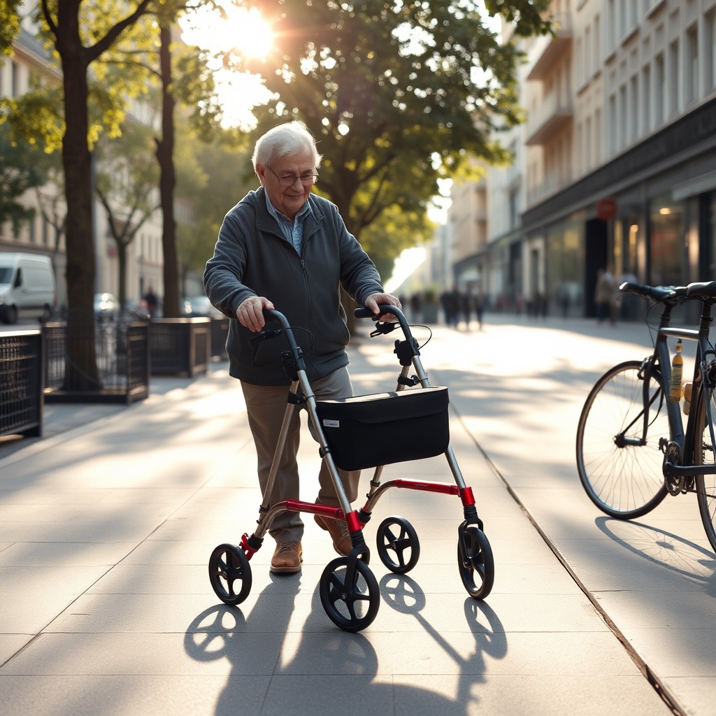 A photorealistic photo of an elderly person pushing an Invacare Action 5 rollator along a