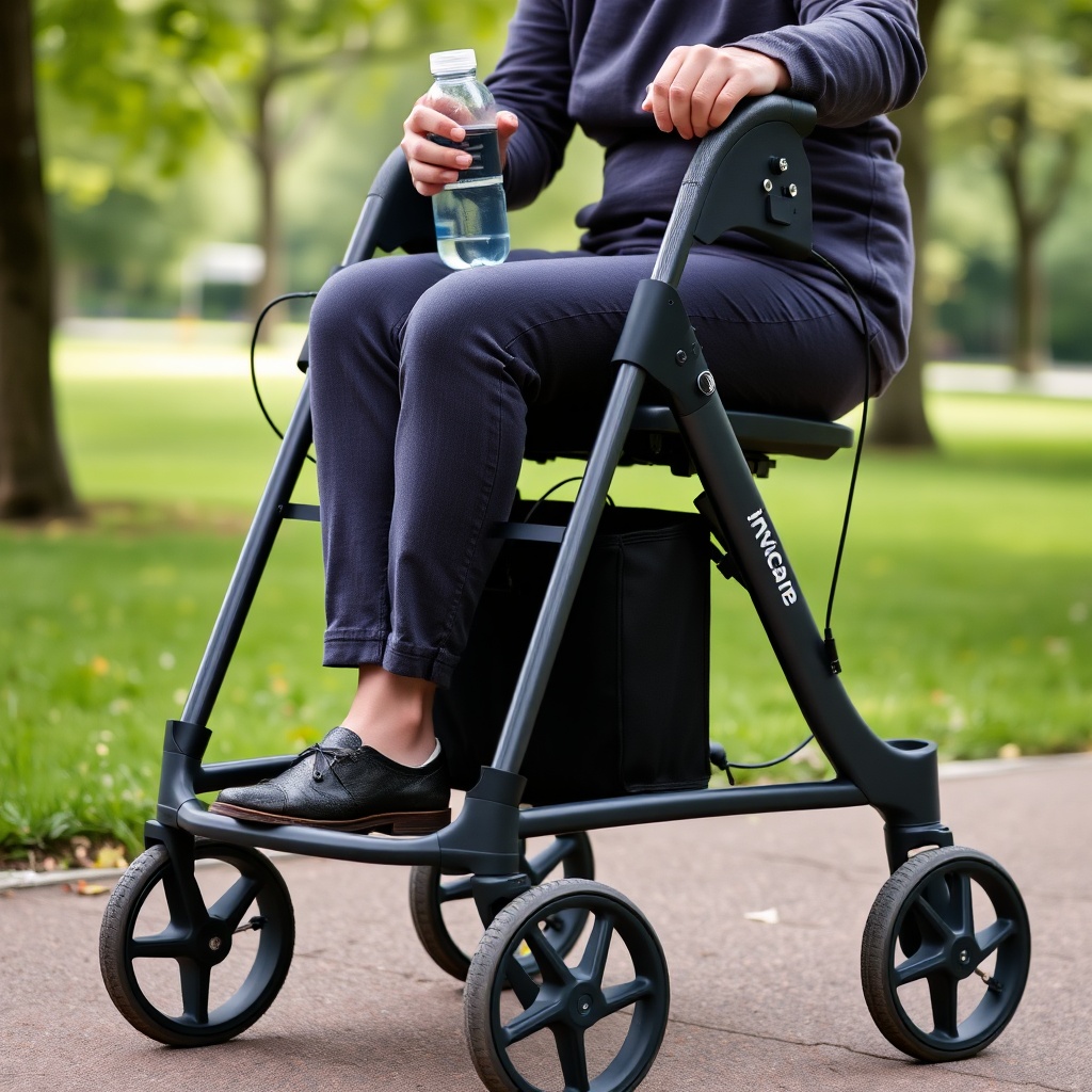 A photorealistic photo of a person sitting on the seat of an Invacare Action 5 rollator in