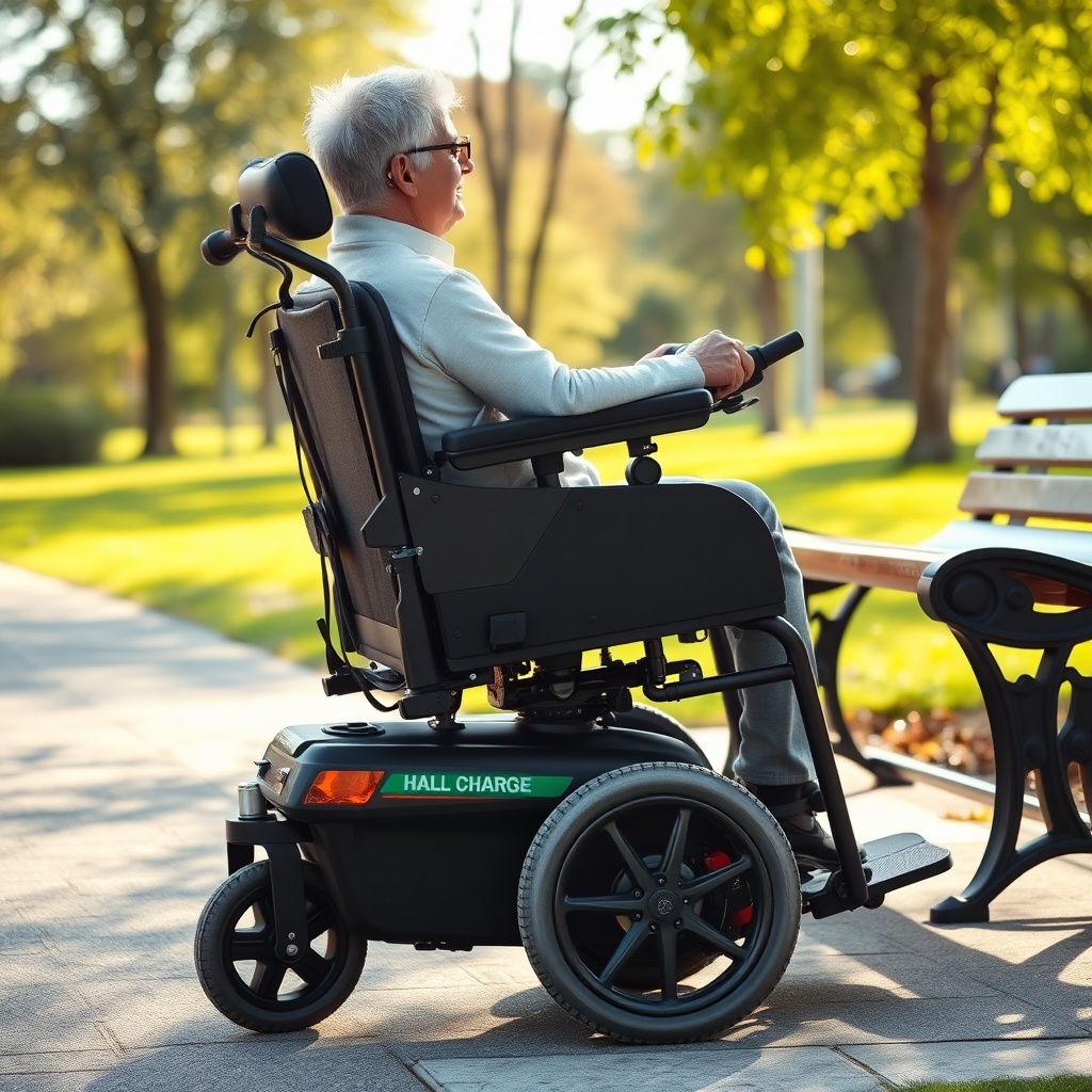 A clean photorealistic side view of an Invacare Action 5 electric wheelchair parked next t
