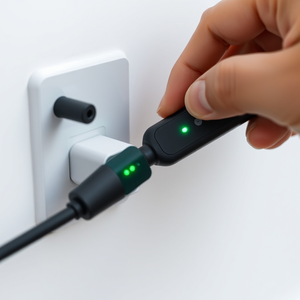 A clean photorealistic close-up of a hand plugging the Invacare Action 5 charging cable in