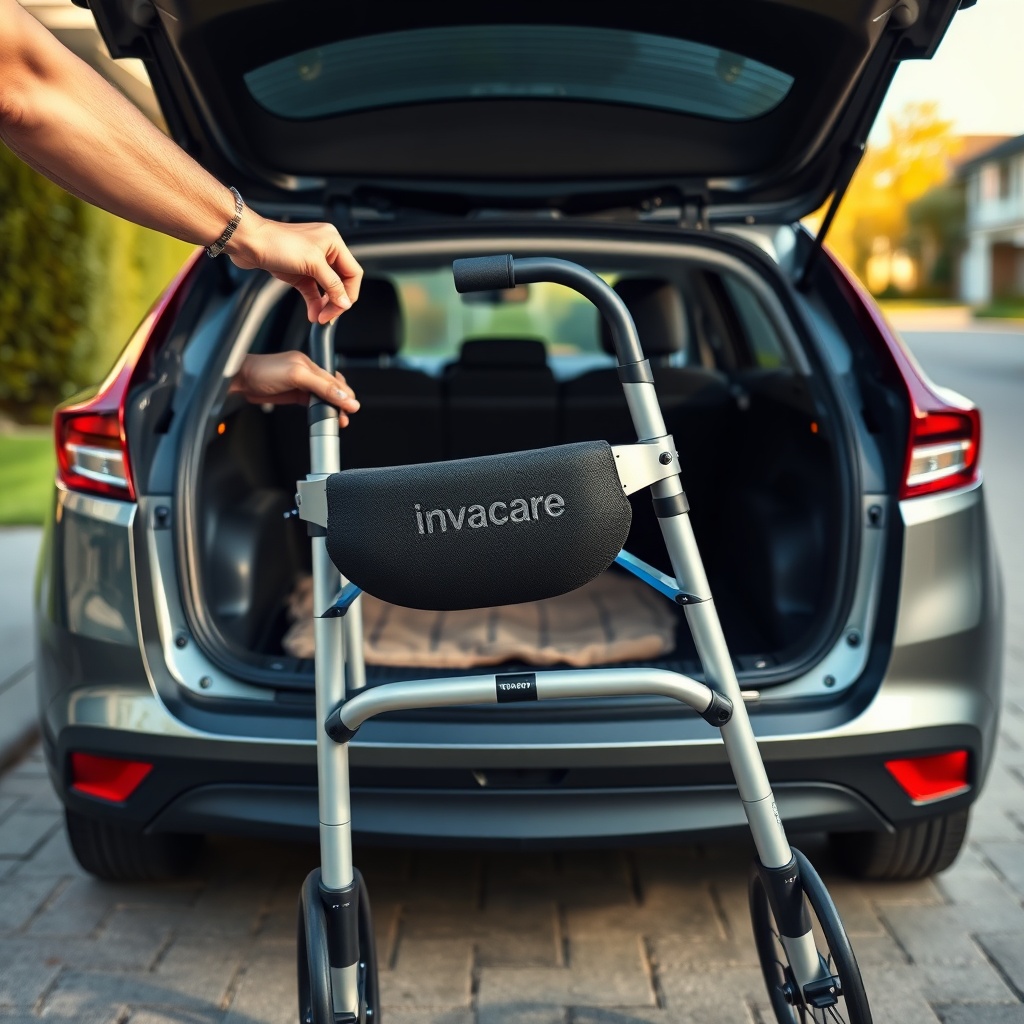 A clean photorealistic photo of an Invacare Action 5 rollator being lifted by one hand int