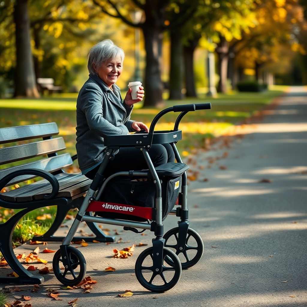 A clean photorealistic photo of an Invacare Action 5 rollator parked next to a park bench