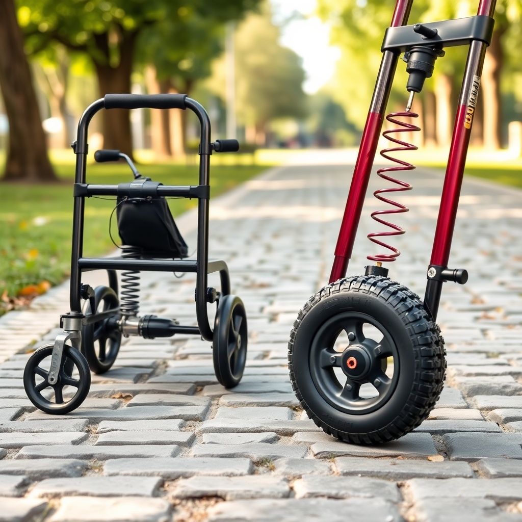 A photorealistic close-up side-by-side comparison of the two rollators parked on a cobbles