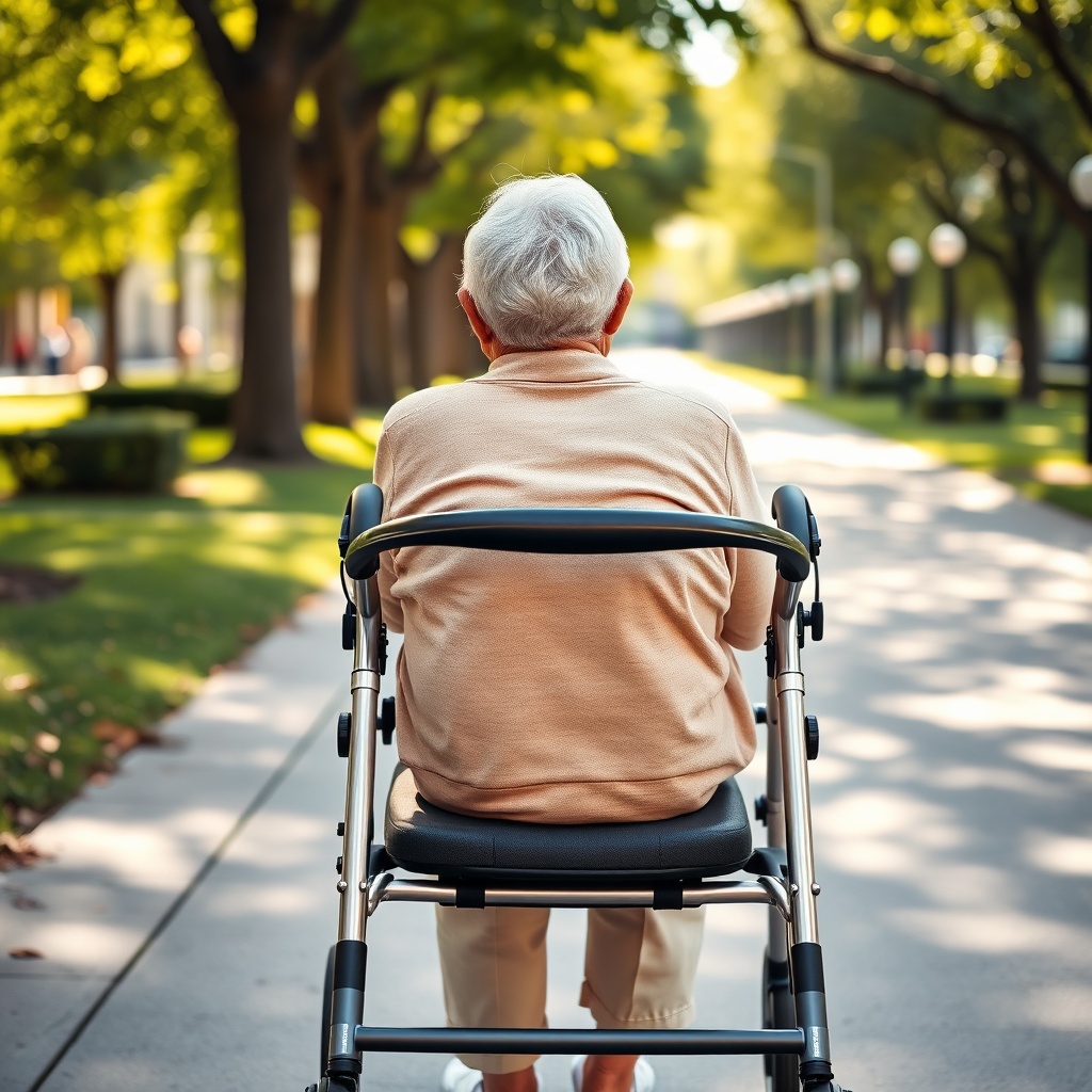 A photorealistic full-length shot of an elderly person comfortably sitting on the padded s