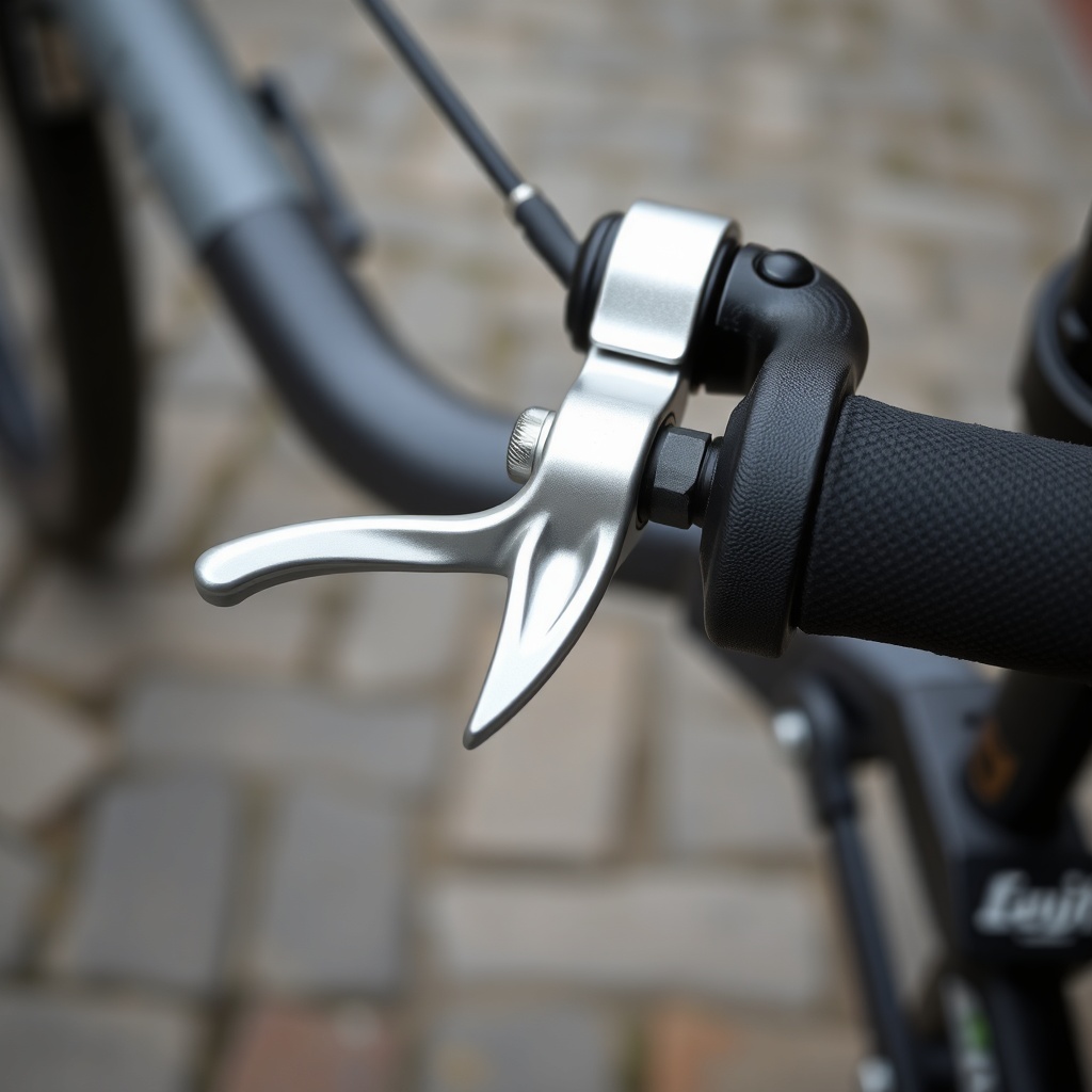 A close-up macro shot of the Invacare Action 5's brake lever and brake cable mechanism