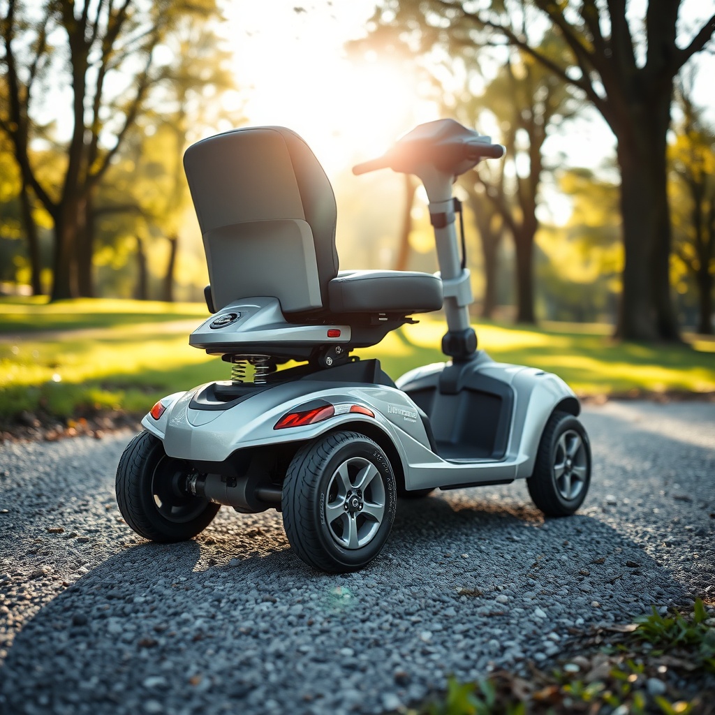 A photorealistic side view of a silver Drive Medical Daytona 4 mobility scooter driving ov