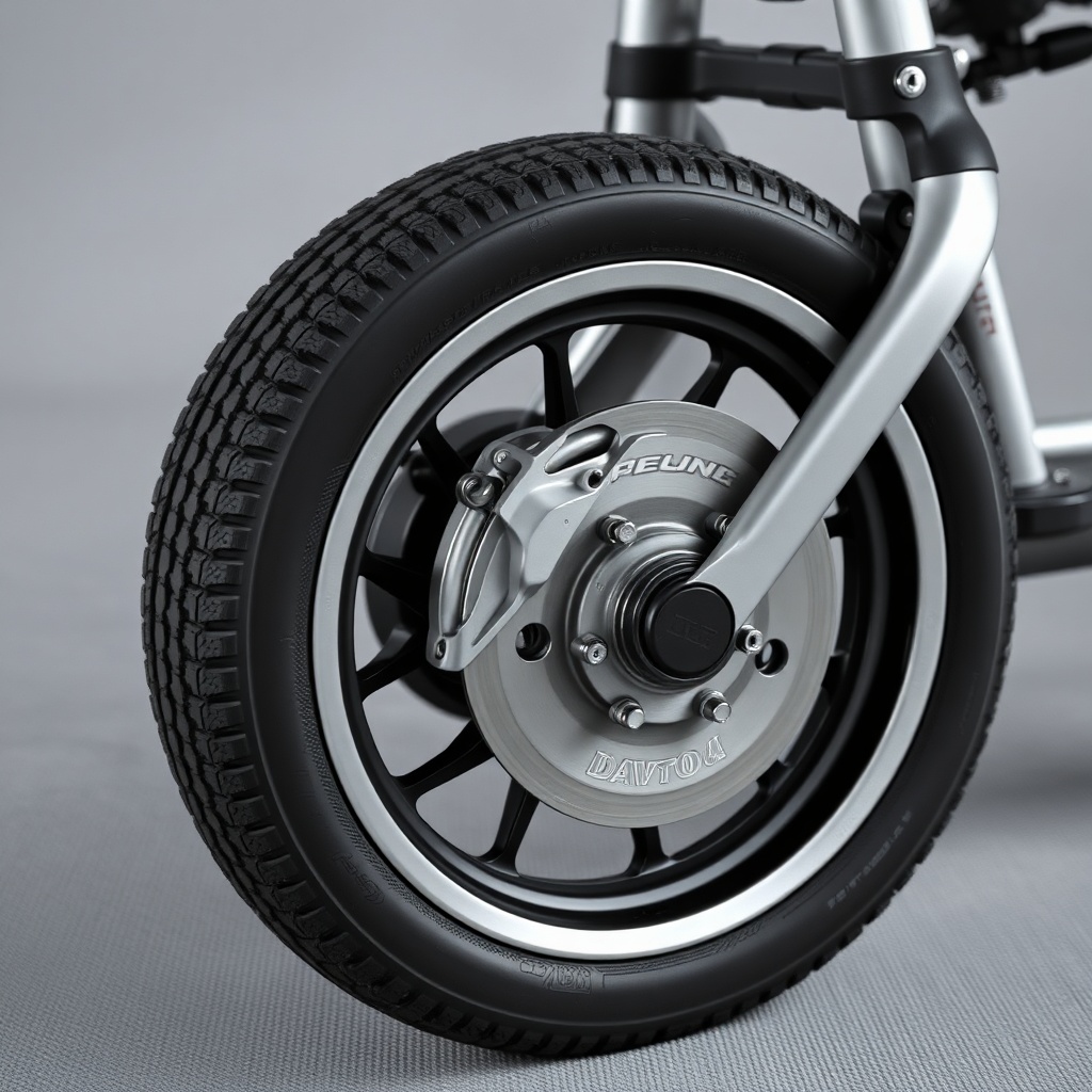 A photorealistic close-up photo of the Drive Medical Daytona 4's rear wheel and brake asse