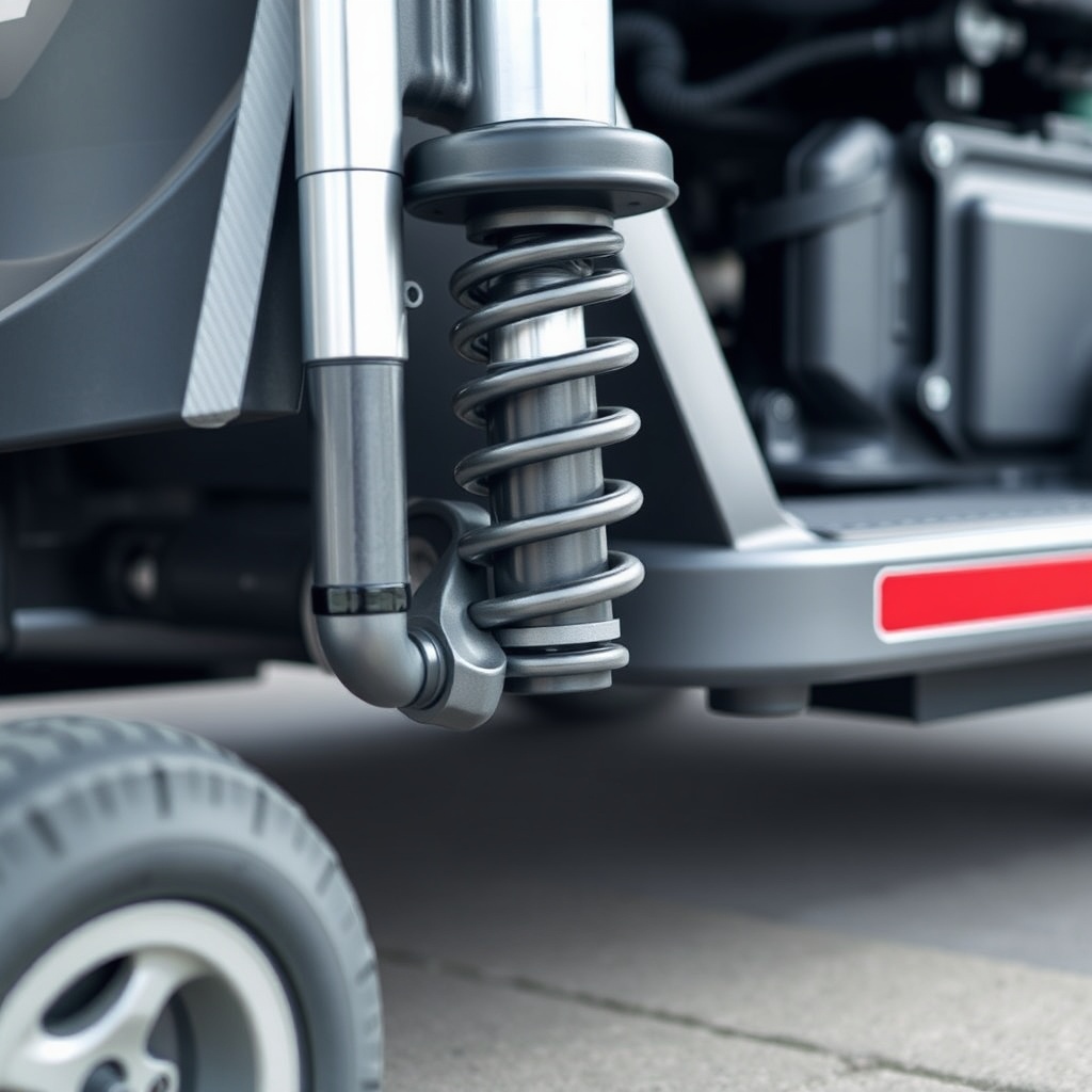 A close-up photorealistic photo of the front wheel suspension of a Pride Go-Go Elite Trave