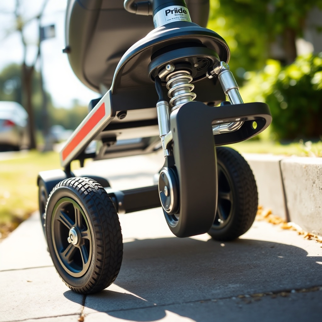 A photorealistic photo showing a Pride Go-Go Elite Traveller Plus driving up a mild slope