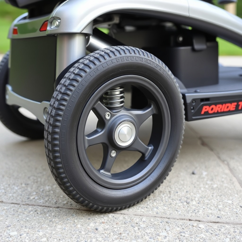 Close-up side view of the Pride Go-Go Elite Traveller Plus front wheel suspension system s