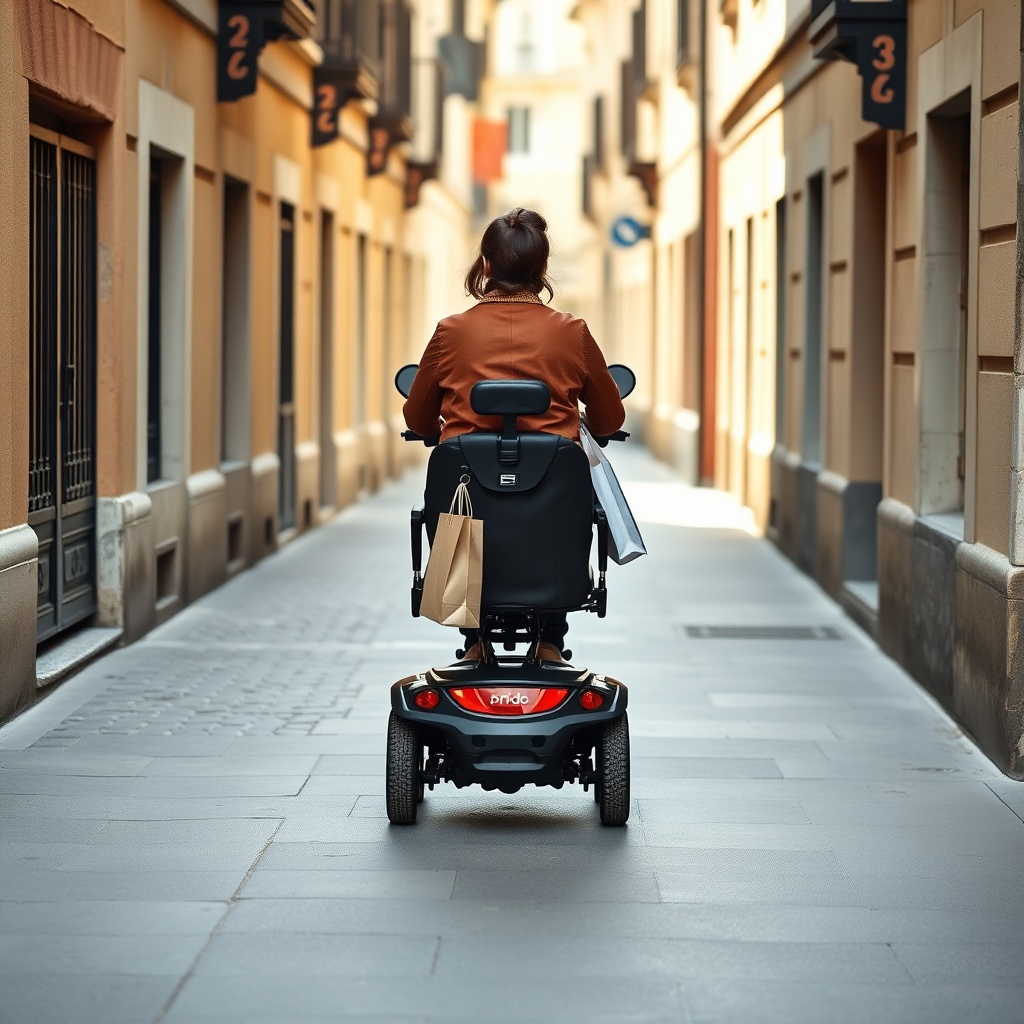 A photorealistic photo of a Pride Go-Go Elite Traveller Plus being driven on a smooth side