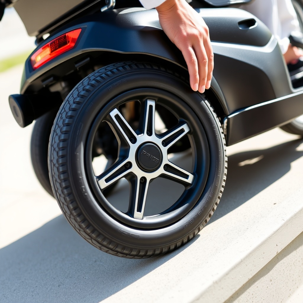 A close-up photo of the Pride Go-Go Elite Traveller Plus on a gentle ramp