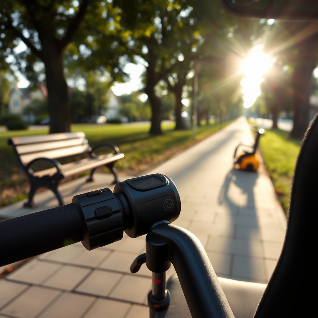 A realistic photo of the Pride Go-Go Elite Traveller Plus being driven on a sidewalk near