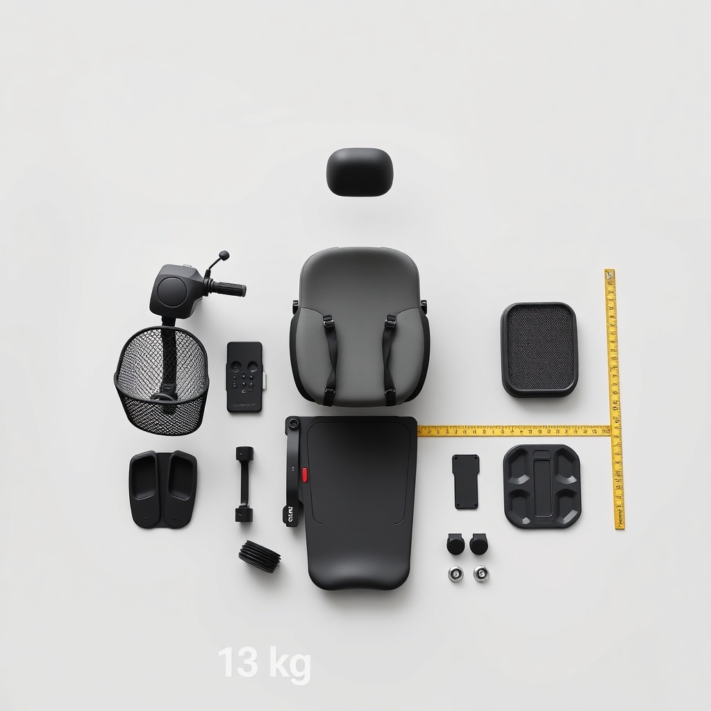 A clean photorealistic image showing the Pride Go-Go Elite Traveller Plus disassembled int