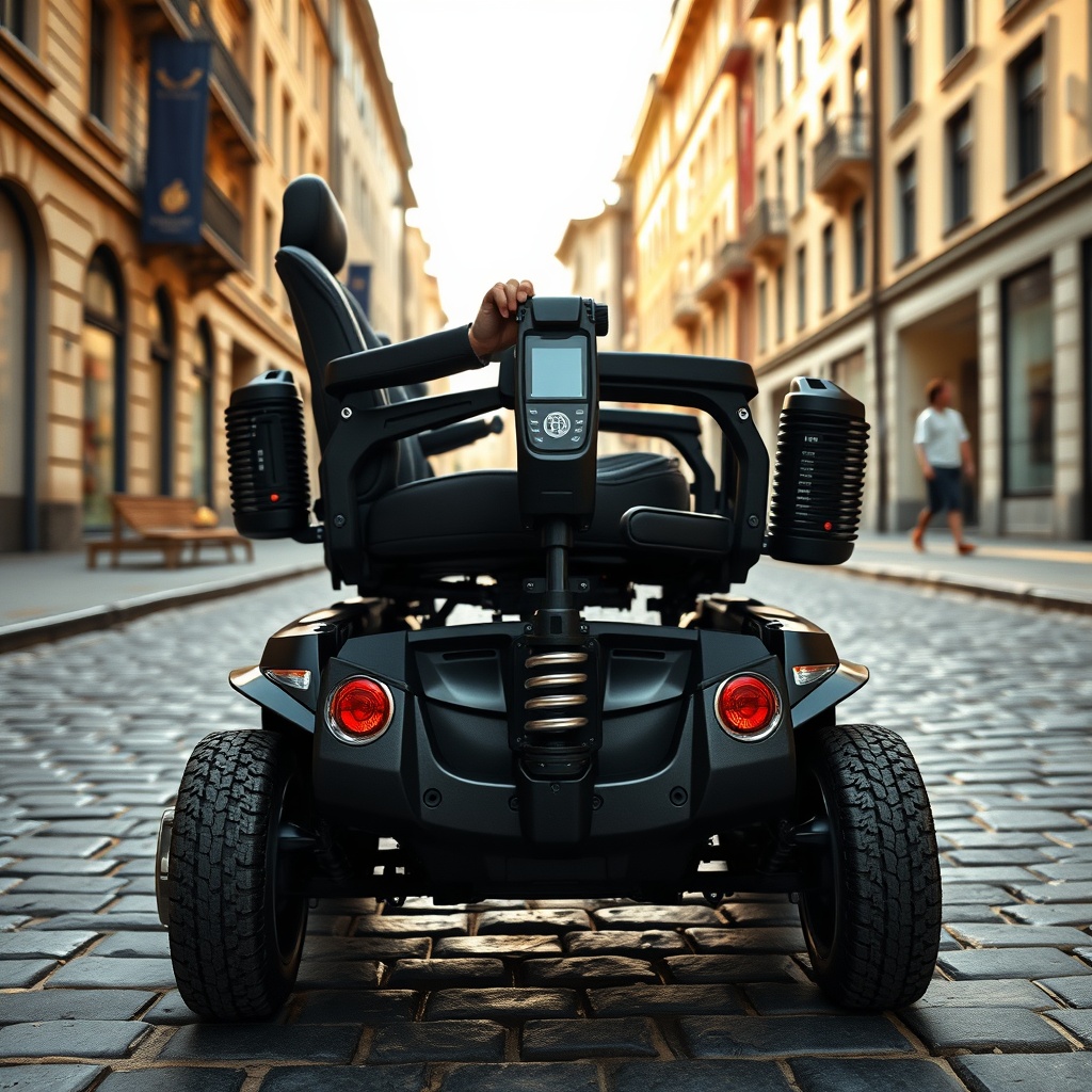 A photorealistic image of the Pride Go-Go Elite Traveller Plus driving over a cobblestone