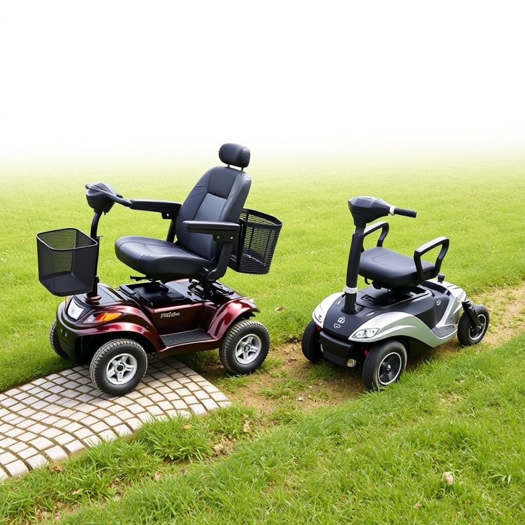 A photo showing a Pride Go-Go Elite Traveller Plus driving over a small cobblestone surfac