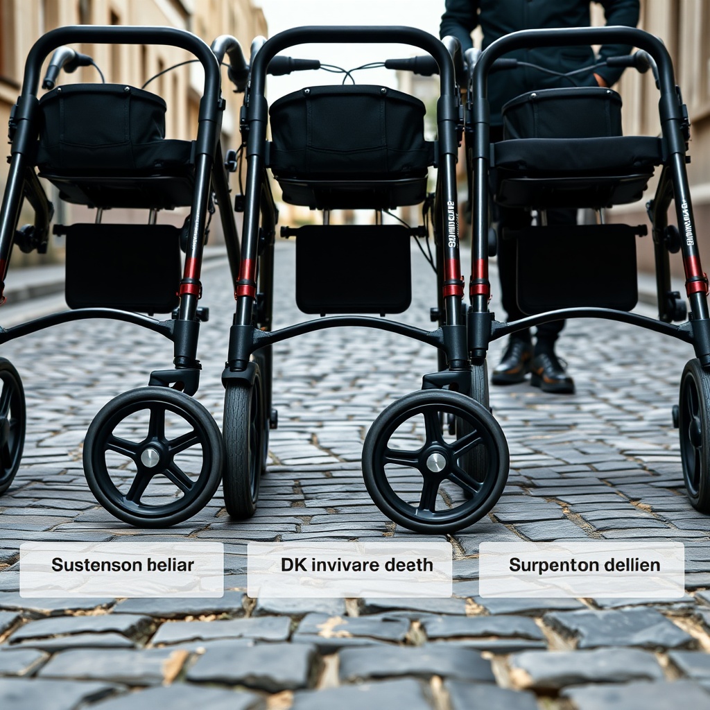 A clean photorealistic photo showing three Invacare Action 5 rollators with different susp