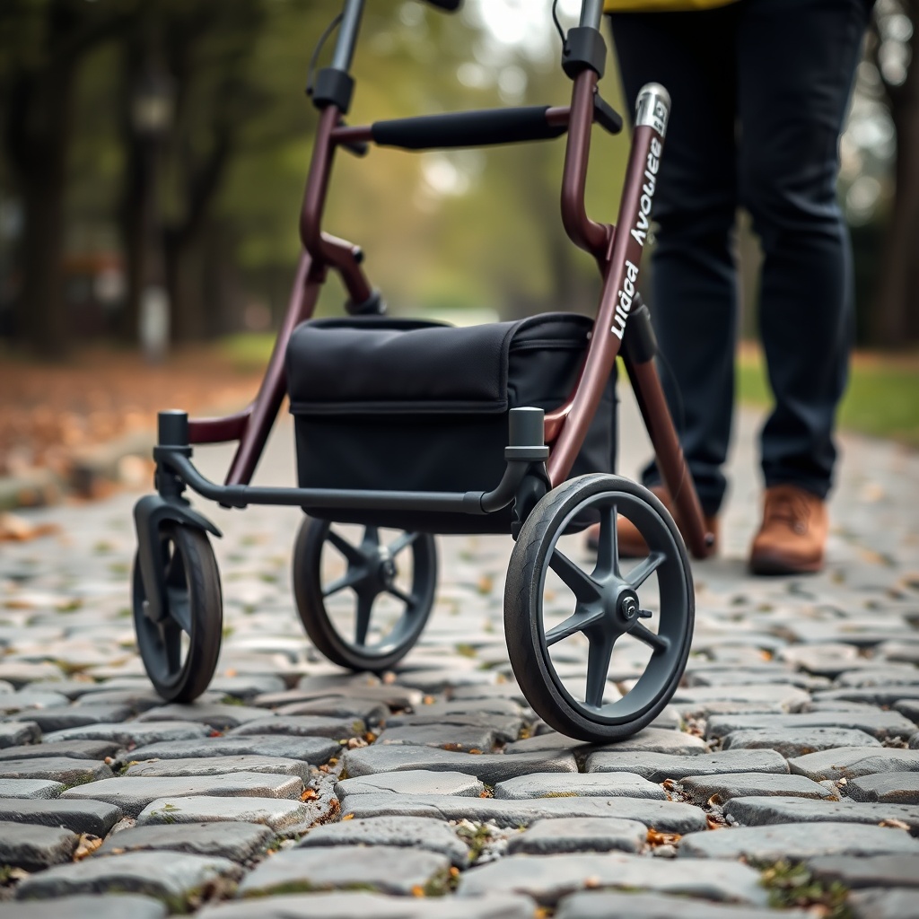 A photorealistic photo showing an Invacare Action 5 rollator with air suspension being pus