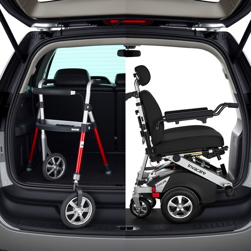 A side-by-side comparison of a folded Invacare Action 5 rollator and a folded electric whe