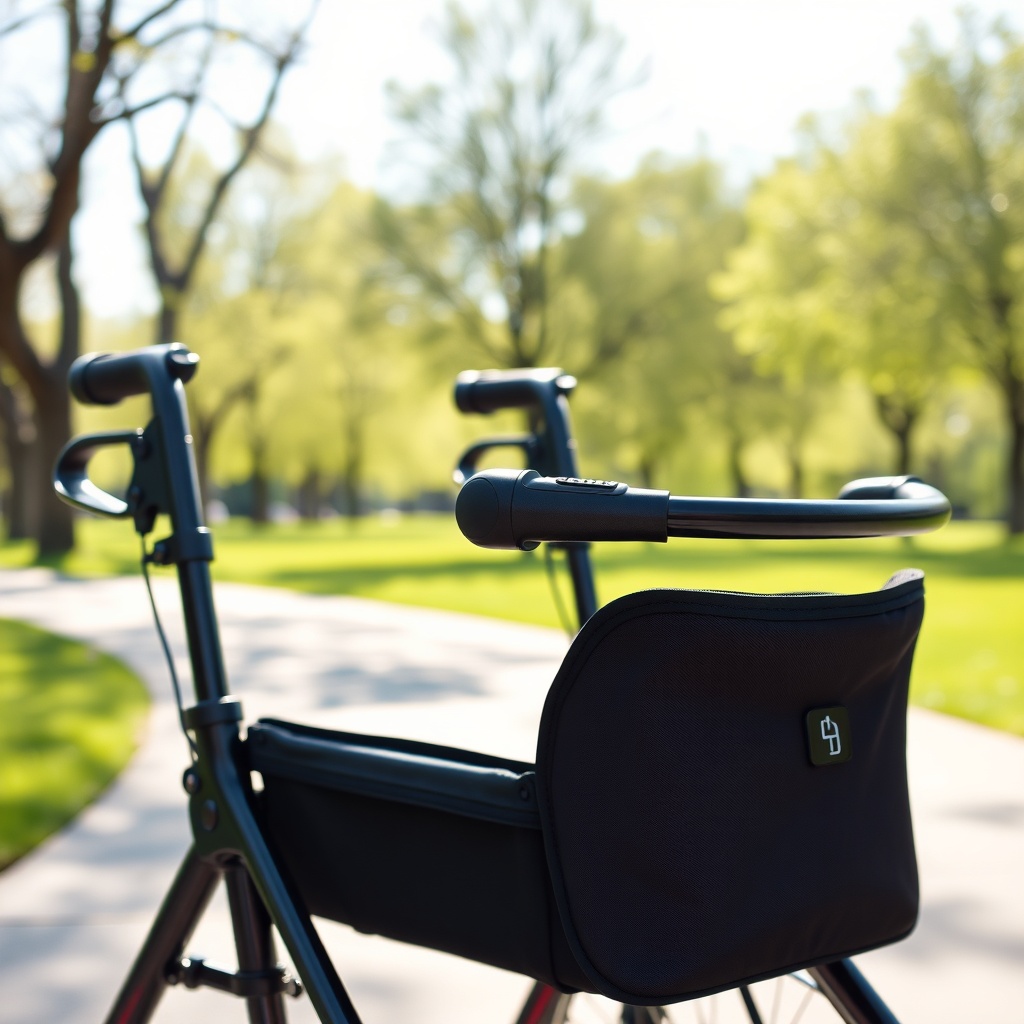 A photorealistic photo of a StayFit Duo Rollator in a sunny park