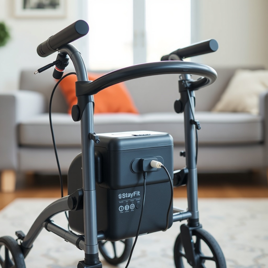 A photorealistic photo of the StayFit Duo Rollator's battery being charged in a living roo